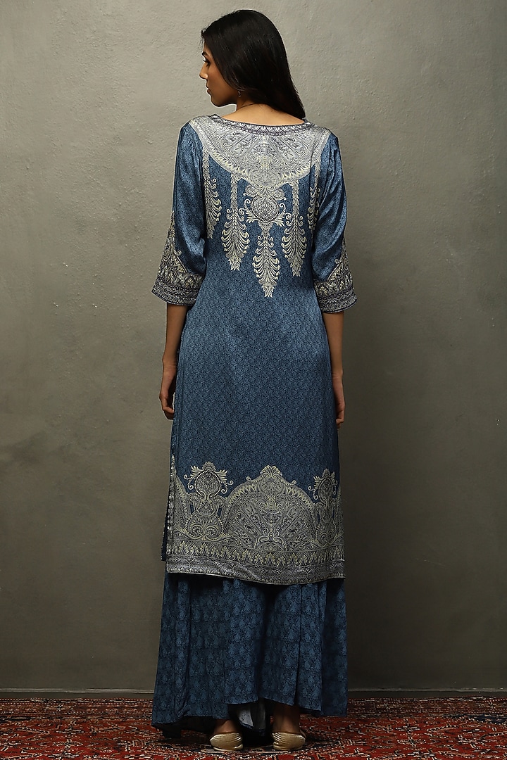 Indigo & Blue Silk Satin Hand Embroidered Kurta Set by Ri Ritu Kumar at Pernia's Pop Up Shop