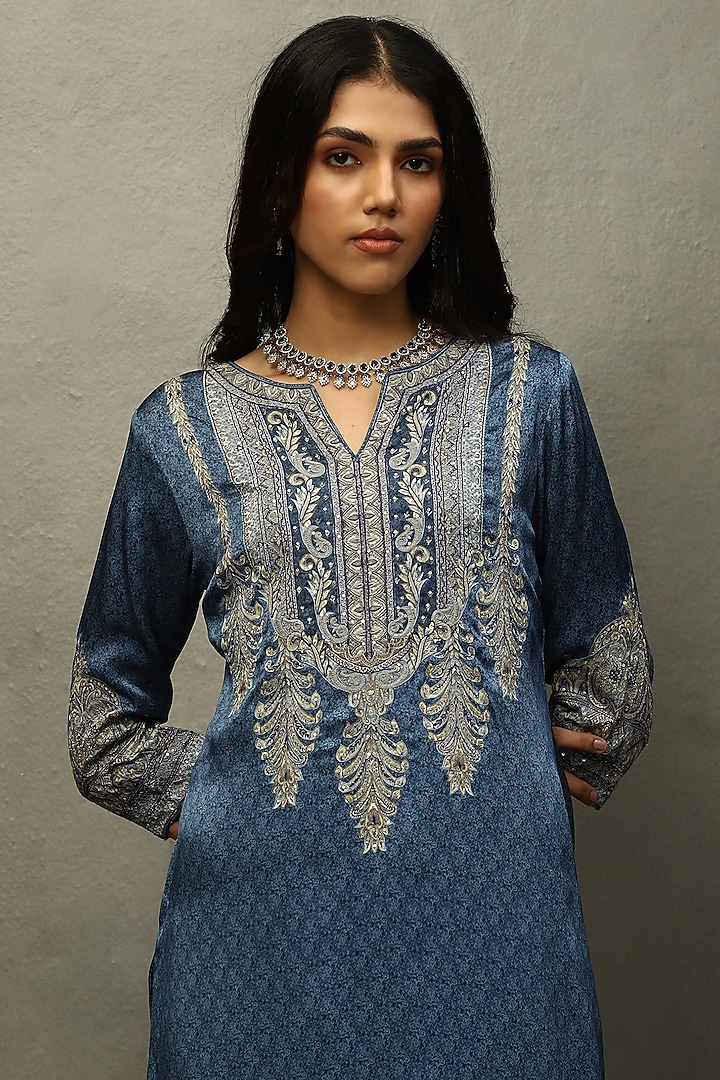 Indigo & Blue Silk Satin Hand Embroidered Kurta Set by Ri Ritu Kumar at Pernia's Pop Up Shop