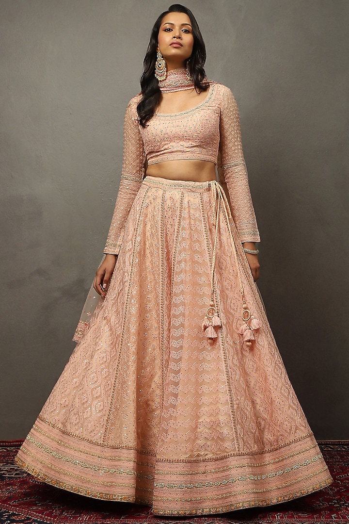 Pink Silk Organza Hand Embroidered Bridal Lehenga Set by Ri Ritu Kumar at Pernia's Pop Up Shop