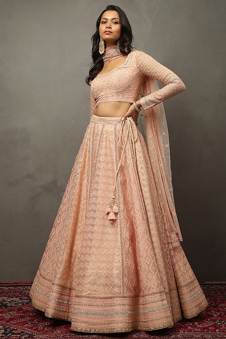 Pink Silk Organza Hand Embroidered Bridal Lehenga Set by Ri Ritu Kumar at Pernia's Pop Up Shop