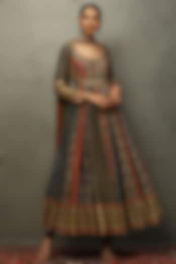 Olive & Red Silk Dupion Aari Hand Embroidered Kurta Set by Ri Ritu Kumar at Pernia's Pop Up Shop