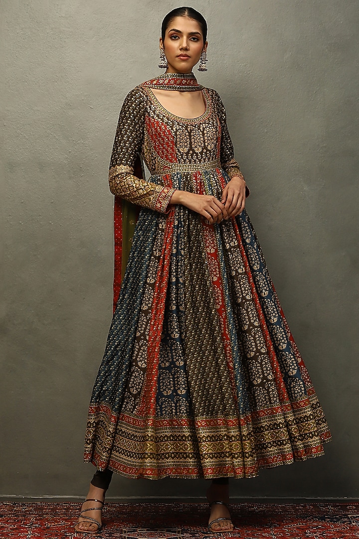 Olive & Red Silk Dupion Aari Hand Embroidered Kurta Set by Ri Ritu Kumar at Pernia's Pop Up Shop