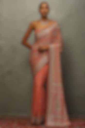 Coral & Khaki Silk Hand Embroidered Bridal Saree Set by Ri Ritu Kumar at Pernia's Pop Up Shop