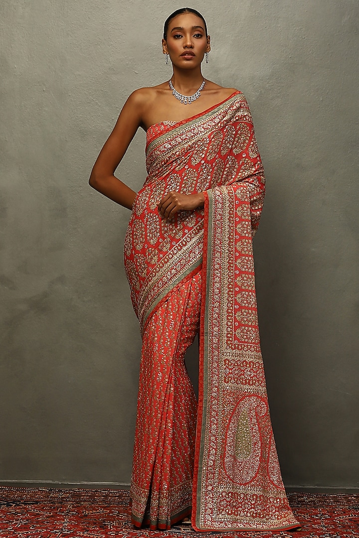 Coral & Khaki Silk Hand Embroidered Bridal Saree Set by Ri Ritu Kumar at Pernia's Pop Up Shop
