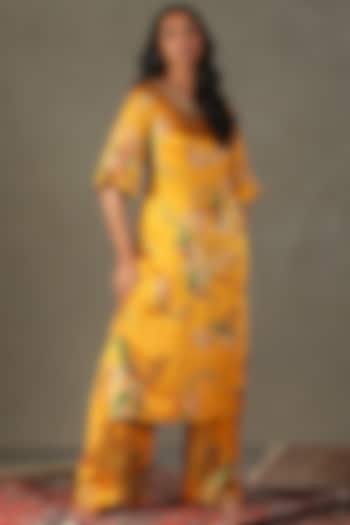 Mustard Yellow Silk Satin Floral Printed & Embroidered Kurta Set by Ri Ritu Kumar at Pernia's Pop Up Shop