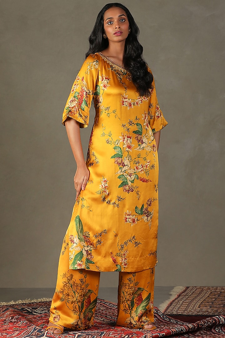 Mustard Yellow Silk Satin Floral Printed & Embroidered Kurta Set by Ri Ritu Kumar at Pernia's Pop Up Shop