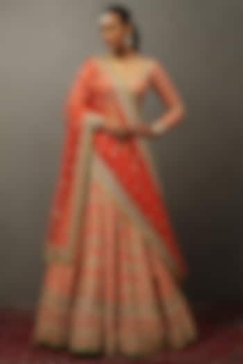 Pink Silk Dupion Hand Embroidered & Printed Bridal Lehenga Set by Ri Ritu Kumar at Pernia's Pop Up Shop