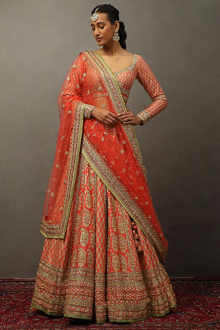 Pink Silk Dupion Hand Embroidered & Printed Bridal Lehenga Set by Ri Ritu Kumar at Pernia's Pop Up Shop