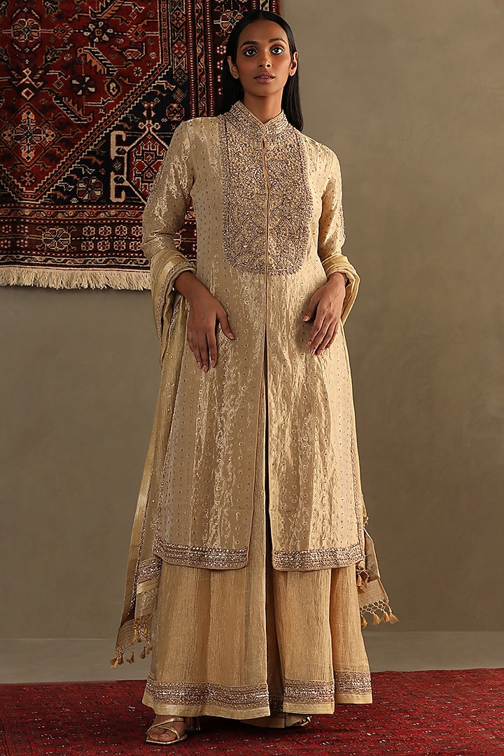 Gold Banarasi Woven Silk Hand Embroidered Kurta Set by Ri Ritu Kumar at Pernia's Pop Up Shop