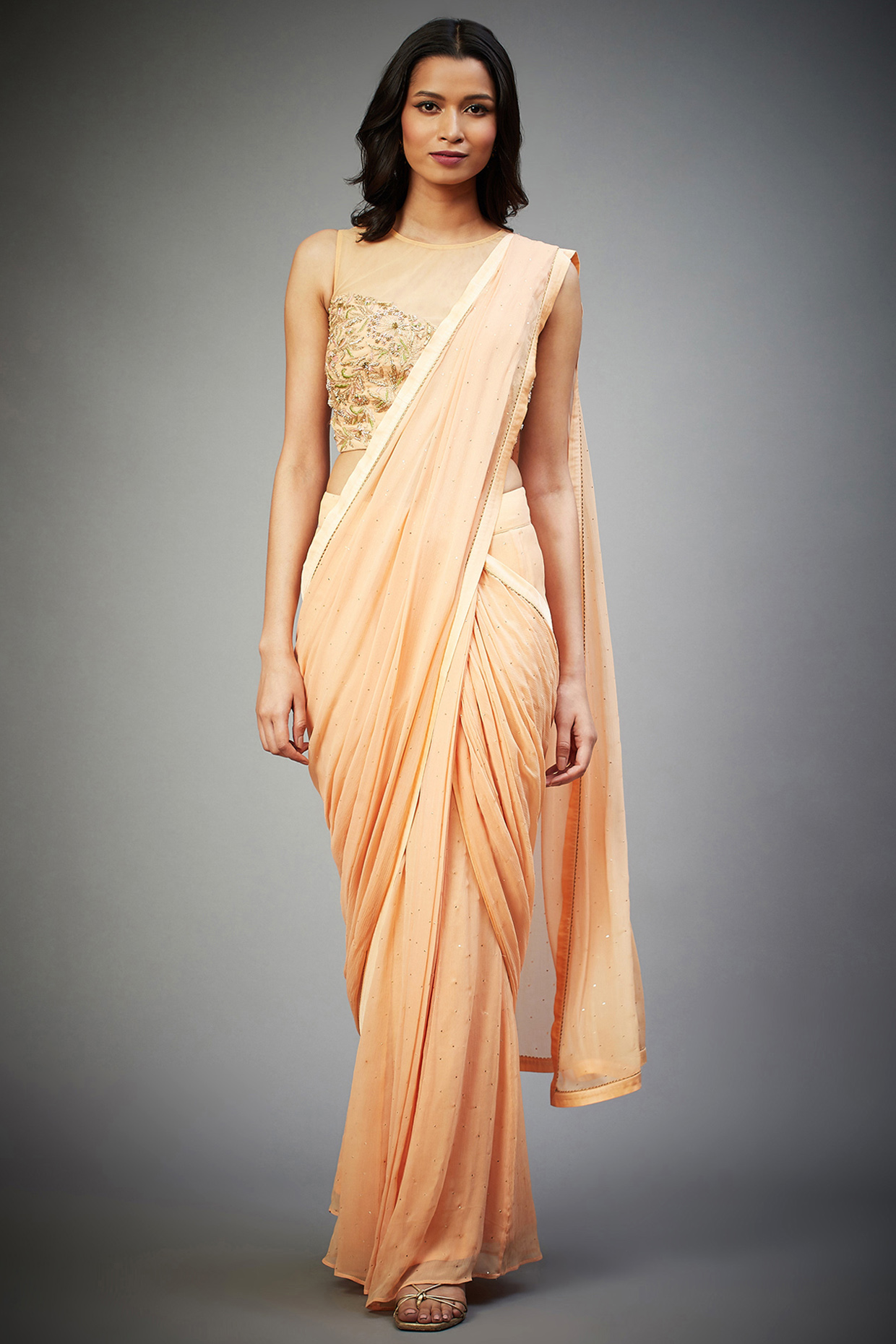 Peach Viscose Chiffon Hand & Machine Embroidered Pre-Draped Wedding Saree Set by Ri Ritu Kumar at Pernia's Pop Up Shop