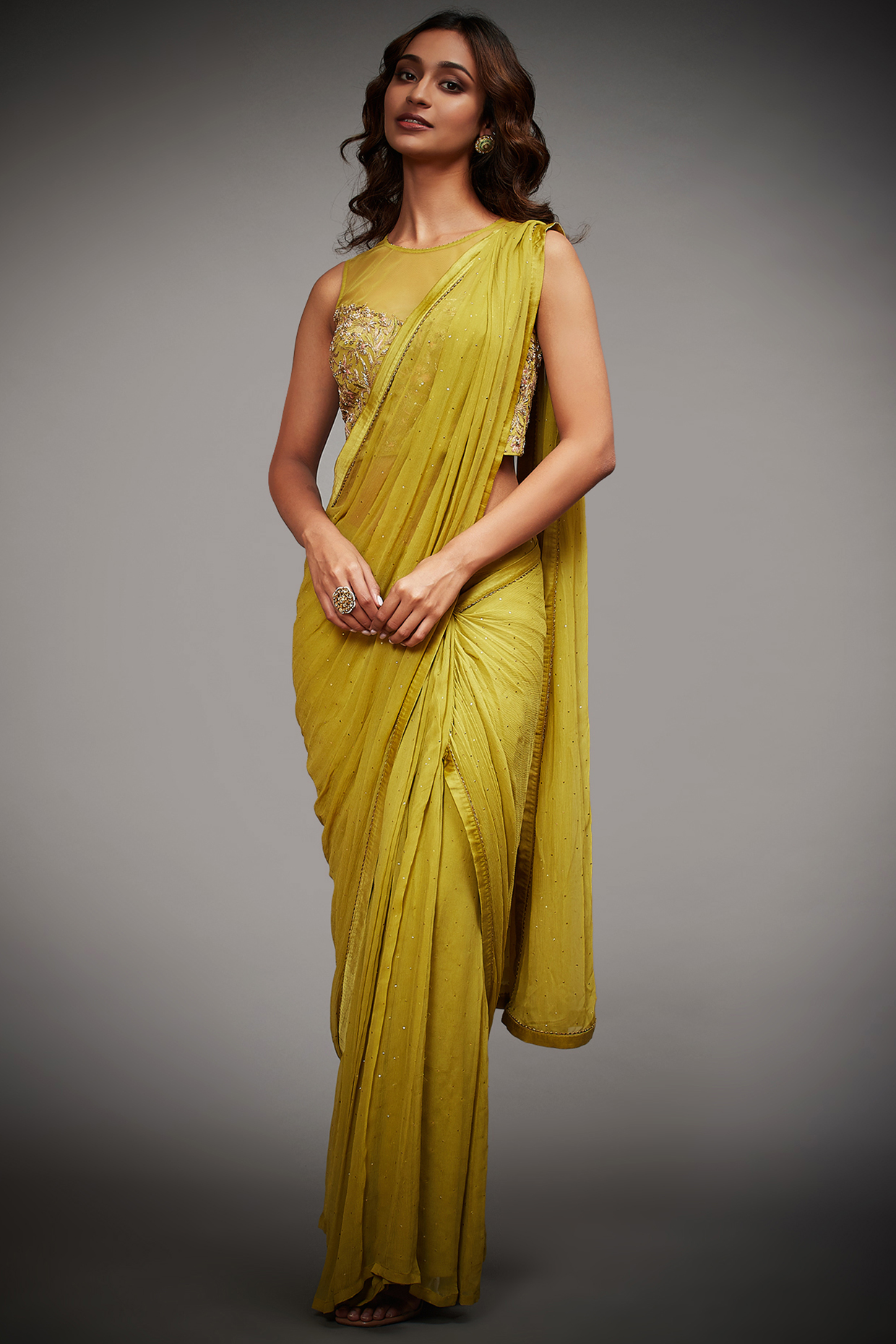 Sap Green Viscose Chiffon Hand & Machine Embroidered Pre-Draped Wedding Saree Set by Ri Ritu Kumar at Pernia's Pop Up Shop