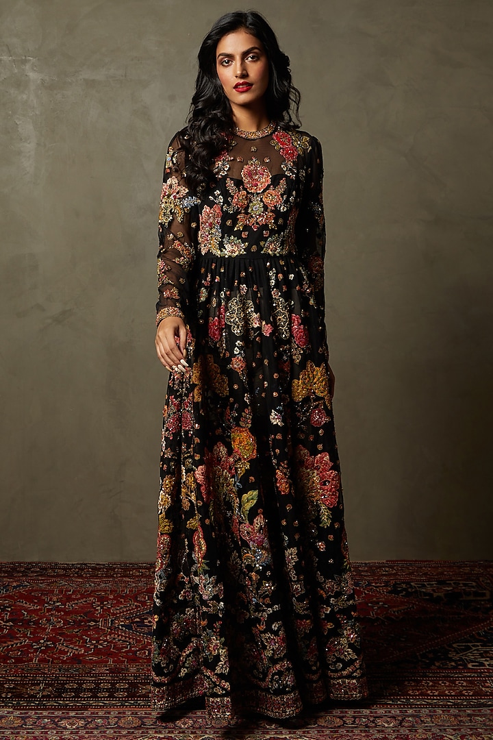 Black & Multi-Colored Polyester Net Embroidered Gown by Ri Ritu Kumar at Pernia's Pop Up Shop