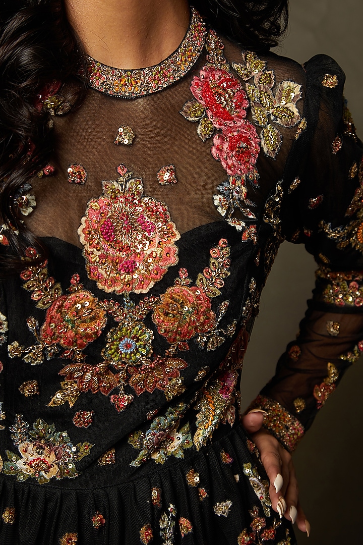 Black & Multi-Colored Polyester Net Embroidered Bridal Gown by Ri Ritu Kumar at Pernia's Pop Up Shop