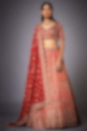 Orange Silk Satin Hand Embroidered Jamawar Bridal Lehenga Set by Ri Ritu Kumar at Pernia's Pop Up Shop