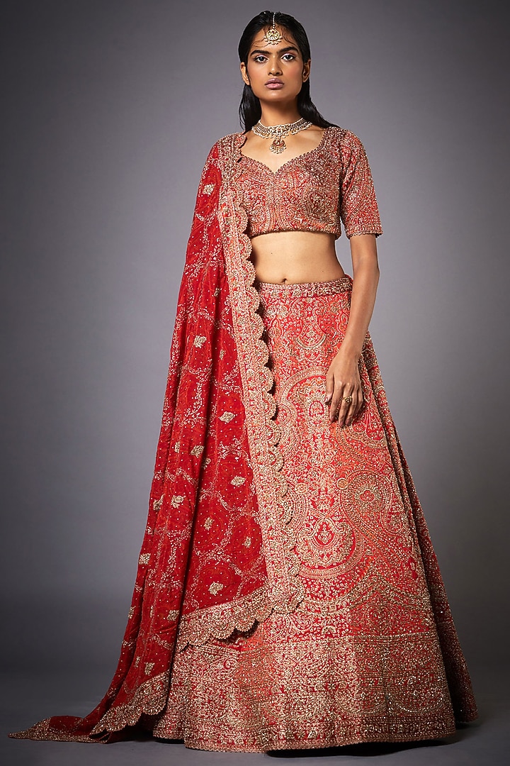 Orange Silk Satin Hand Embroidered Jamawar Bridal Lehenga Set by Ri Ritu Kumar at Pernia's Pop Up Shop