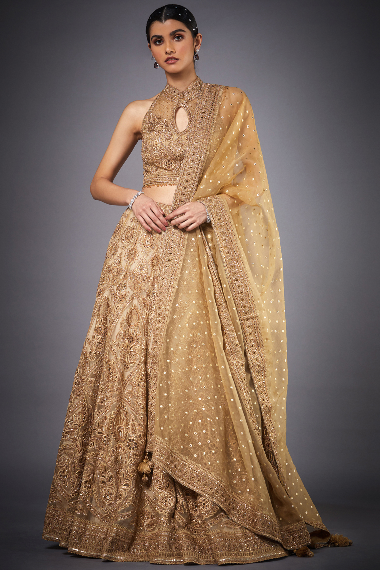 Gold Silk Organza Hand & Machine Embroidered Bridal Lehenga Set by Ri Ritu Kumar at Pernia's Pop Up Shop