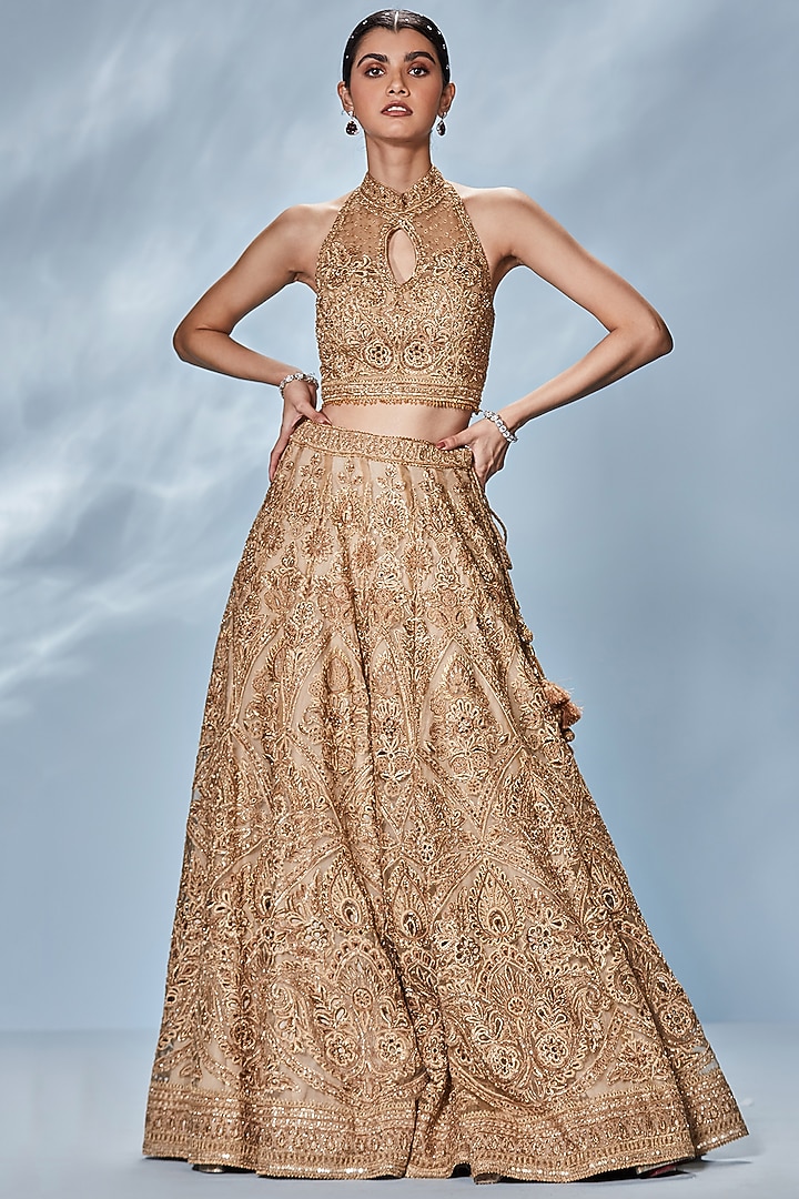 Gold Silk Organza Hand & Machine Embroidered Bridal Lehenga Set by Ri Ritu Kumar at Pernia's Pop Up Shop
