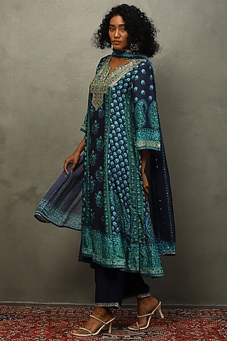 Turquoise Blue Flat Dupion Aari Embroidered & Printed Kurta Set by Ri Ritu Kumar