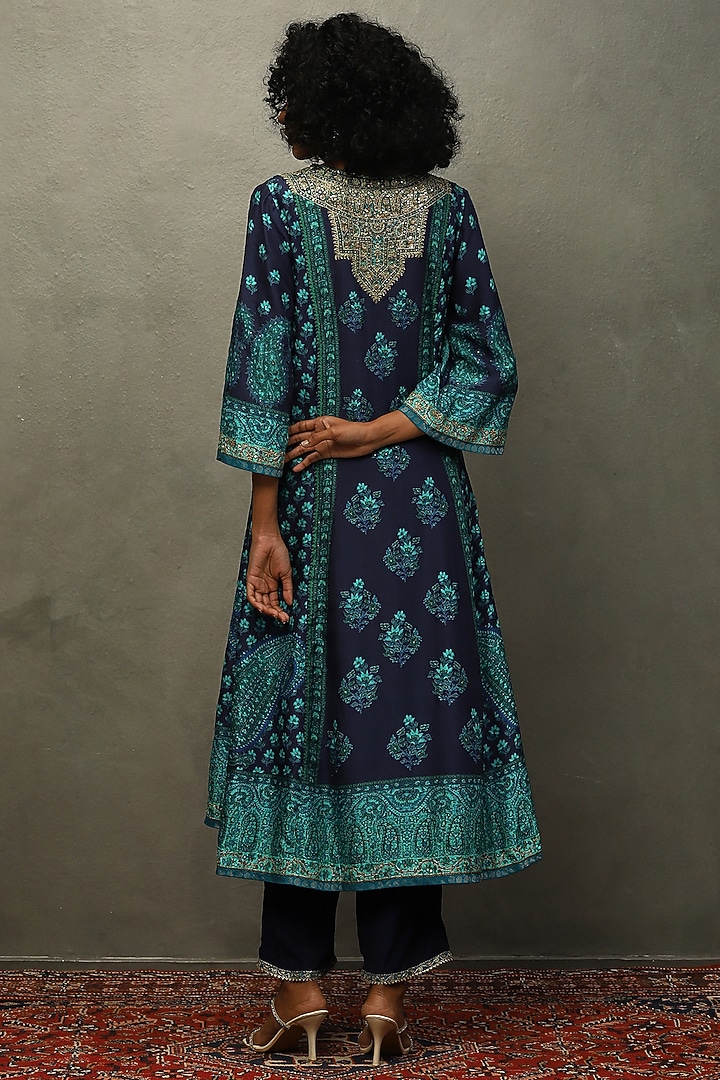Turquoise Blue Flat Dupion Aari Embroidered & Printed Kurta Set by Ri Ritu Kumar at Pernia's Pop Up Shop