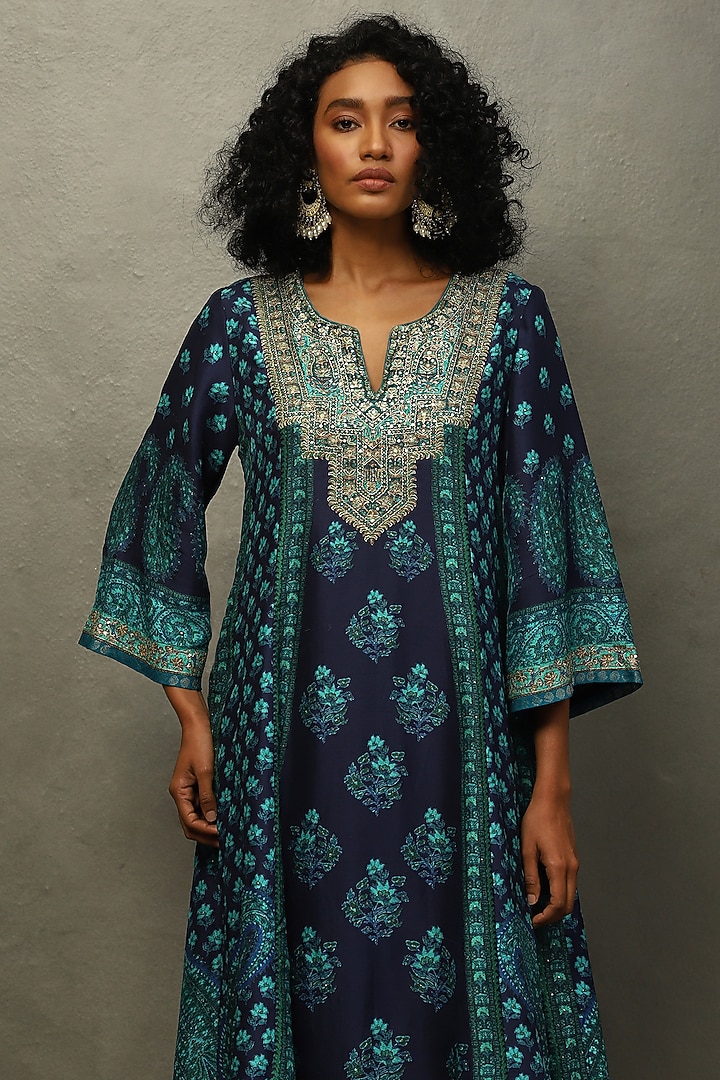 Turquoise Blue Flat Dupion Aari Embroidered & Printed Kurta Set by Ri Ritu Kumar at Pernia's Pop Up Shop