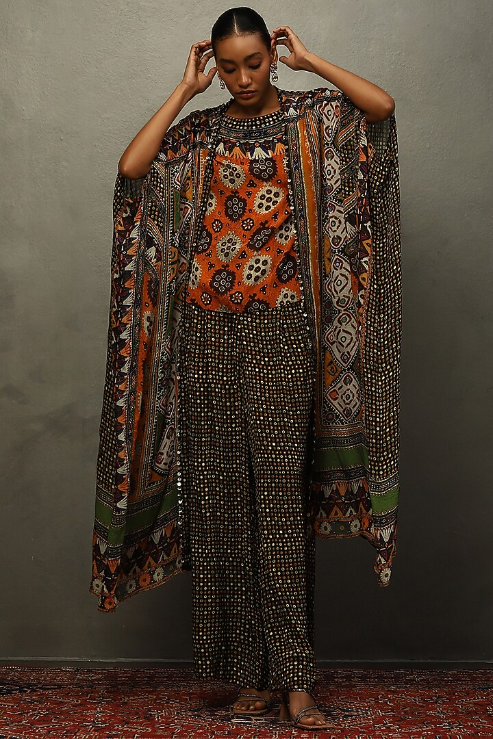 Black Viscose Chinon Mirror Work Cape Set by Ri Ritu Kumar at Pernia's Pop Up Shop