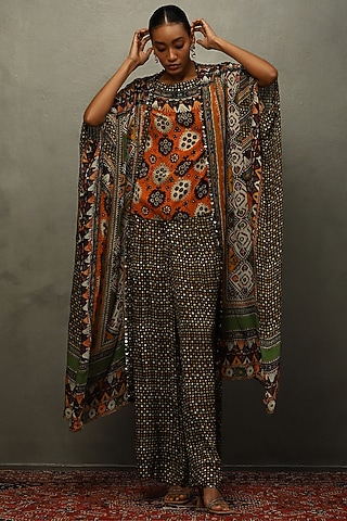 Black Viscose Chinon Mirror Work Cape Set by Ri Ritu Kumar