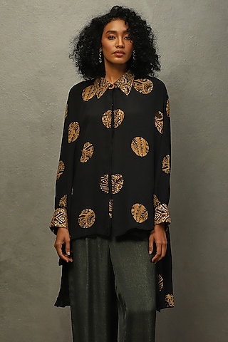 Black Rayon Crepe Aari Embroidered & Printed Kurta by Ri Ritu Kumar