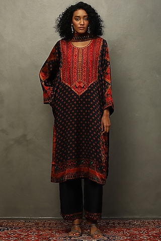 Black & Multi-Colored Silk Satin Embroidered Kurta Set by Ri Ritu Kumar
