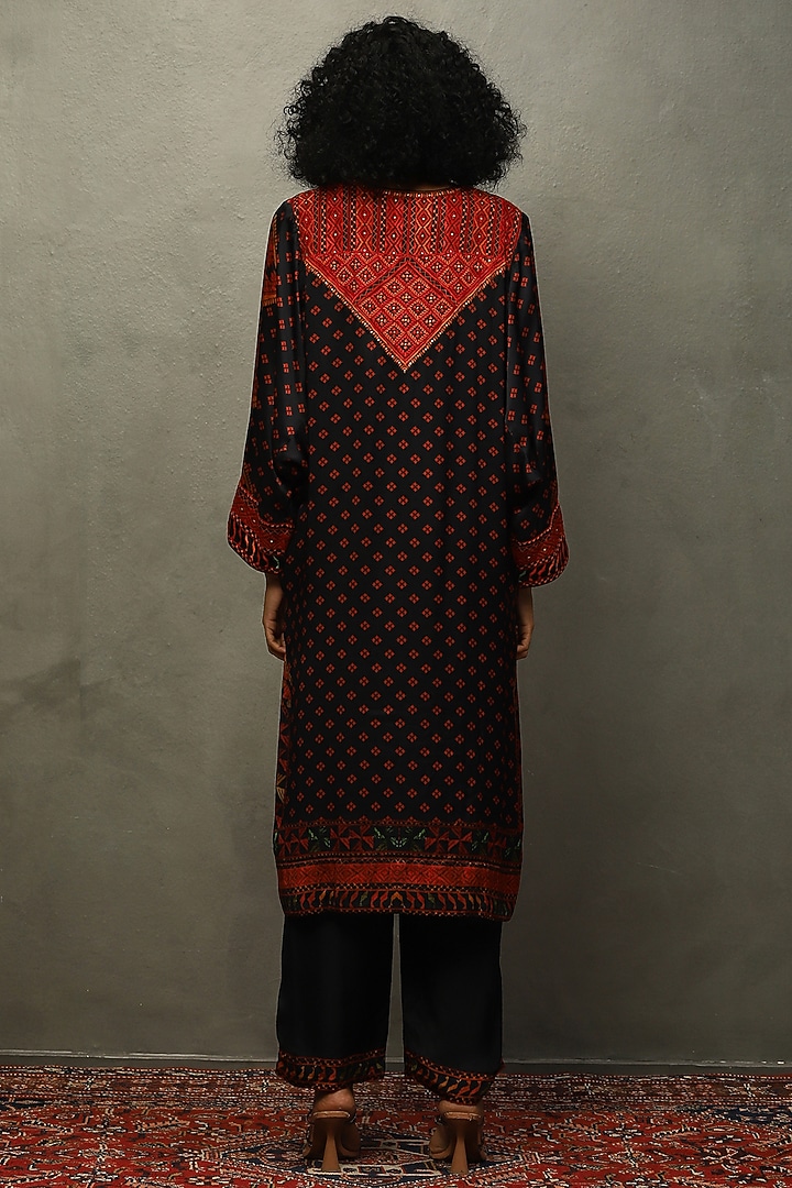 Black & Multi-Colored Silk Satin Embroidered Kurta Set by Ri Ritu Kumar at Pernia's Pop Up Shop