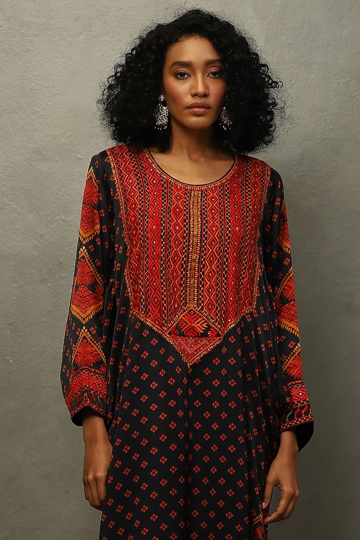 Black & Multi-Colored Silk Satin Embroidered Kurta Set by Ri Ritu Kumar at Pernia's Pop Up Shop