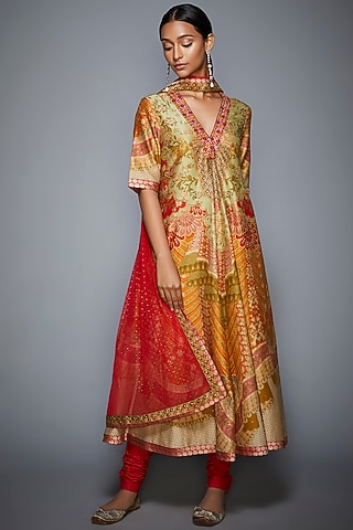 Coral Printed & Embroidered Kurta Set by Ri Ritu Kumar