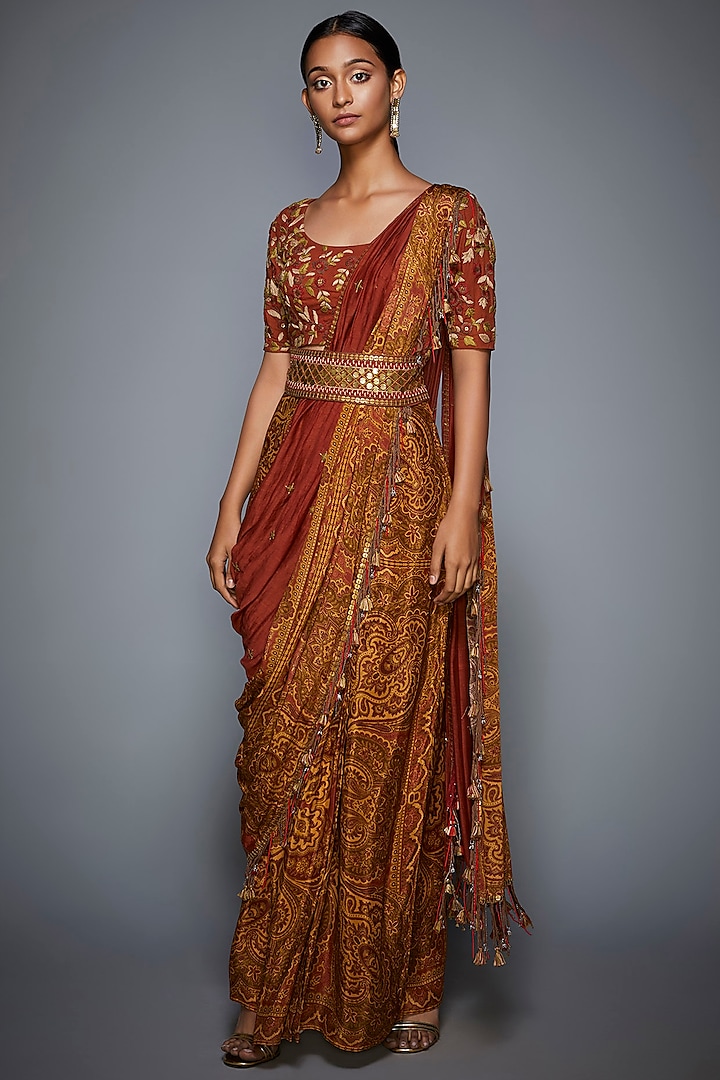 Rust & Olive Green Embroidered Draped Wedding Lehenga Set by Ri Ritu Kumar at Pernia's Pop Up Shop