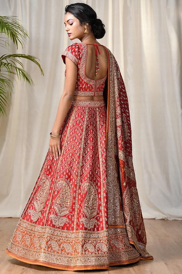 Red & Saffron Embroidered Bridal Lehenga Set by Ri Ritu Kumar at Pernia's Pop Up Shop
