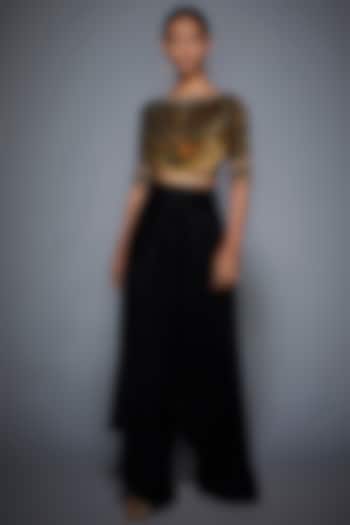Black Printed & Embroidered Crop Top With Pants by Ri Ritu Kumar at Pernia's Pop Up Shop