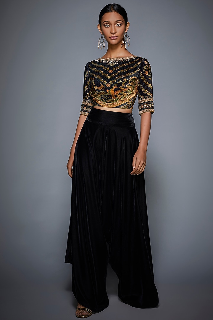Black Printed & Embroidered Crop Top With Pants by Ri Ritu Kumar at Pernia's Pop Up Shop