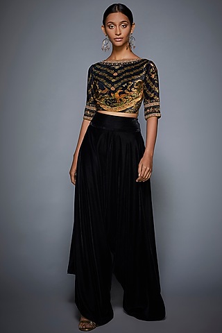 Black Printed & Embroidered Crop Top With Pants by Ri Ritu Kumar