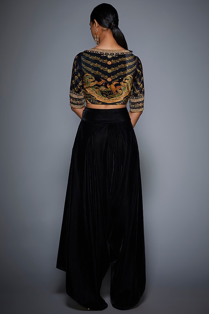 Black Printed & Embroidered Crop Top With Pants by Ri Ritu Kumar at Pernia's Pop Up Shop