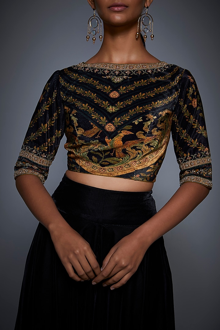 Black Printed & Embroidered Crop Top With Pants by Ri Ritu Kumar at Pernia's Pop Up Shop