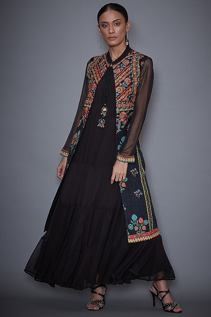 Black Embroidered Jacket With Dress by Ri Ritu Kumar
