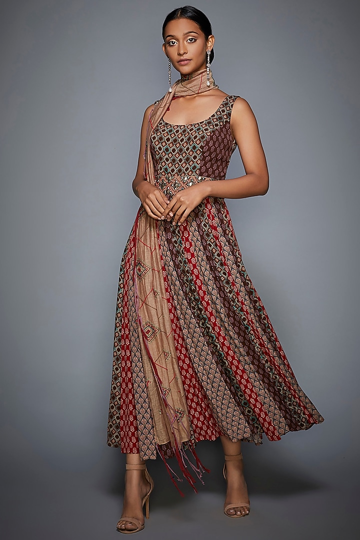 Brown Hand Embroidered Dress With Stole Design by Ri Ritu Kumar at ...