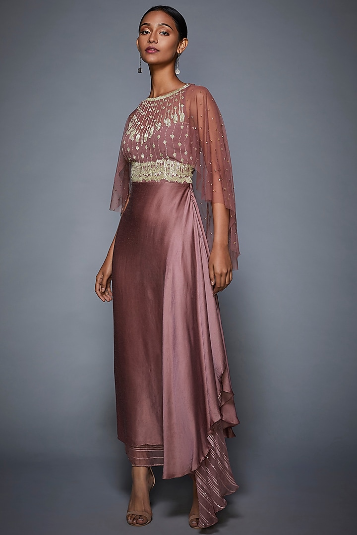Pink Embroidered Asymmetric Gown With Attached Cape by Ri Ritu Kumar