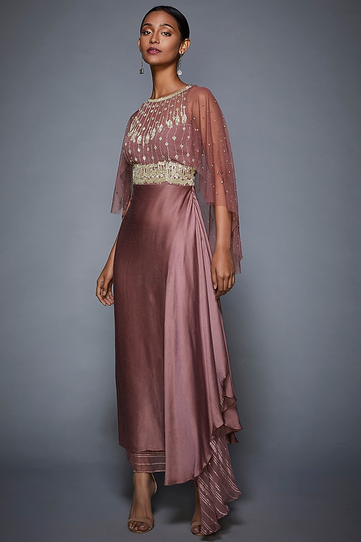 Pink Embroidered Asymmetric Gown With Attached Cape by Ri Ritu Kumar at Pernia's Pop Up Shop