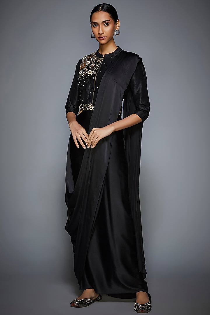 Black Embroidered Pre-Stitched Saree Set Design by Ri Ritu Kumar at ...