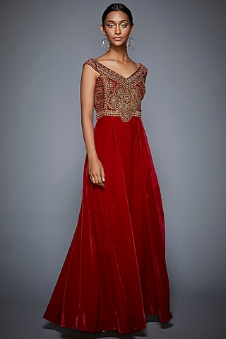 Burgundy & Gold Embroidered Gown by Ri Ritu Kumar