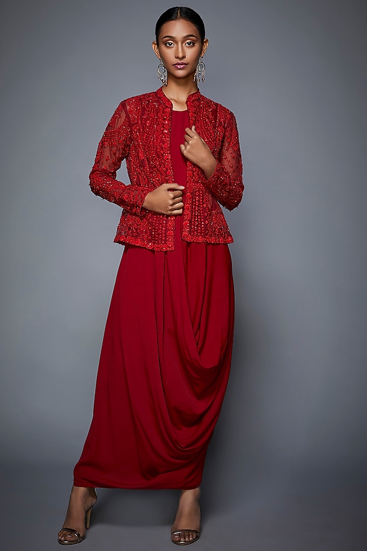 Red Embroidered Jacket With Dress by Ri Ritu Kumar