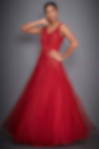 Red Hand Embroidered Sleeveless Gown by Ri Ritu Kumar at Pernia's Pop Up Shop
