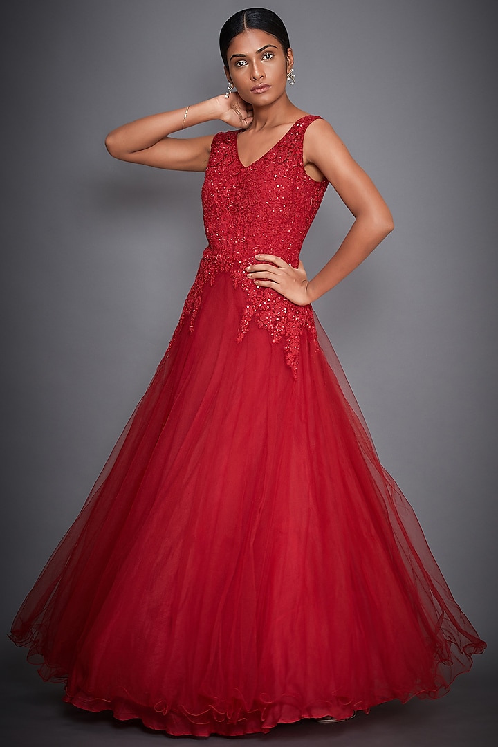 Red Hand Embroidered Sleeveless Gown by Ri Ritu Kumar at Pernia's Pop Up Shop