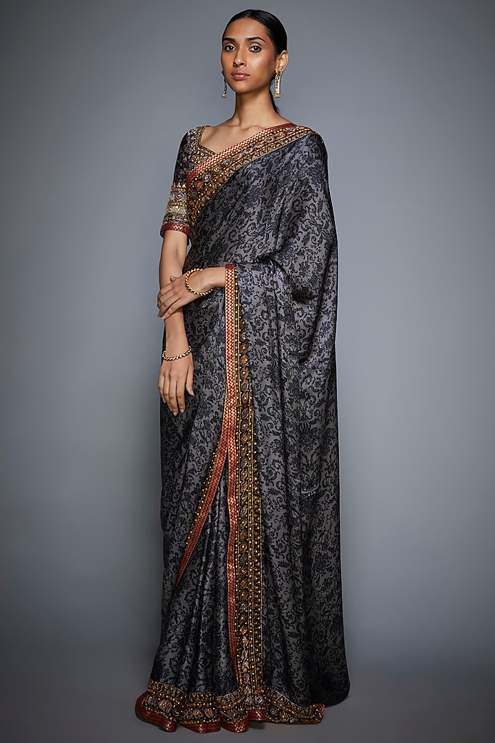 Grey & Black Printed Embroidered Saree Set by Ri Ritu Kumar