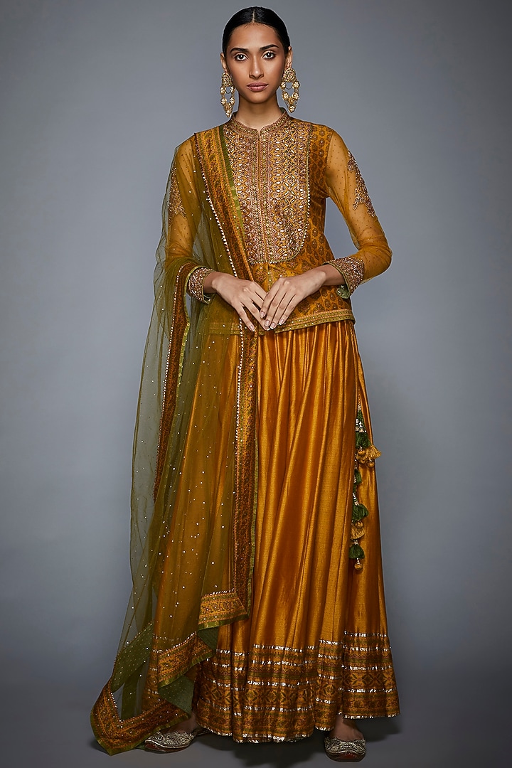 Mustard & Olive Green Printed Embroidered Kurta Set by Ri Ritu Kumar at Pernia's Pop Up Shop