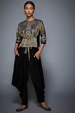 Black & Grey Printed Embroidered Top With Dhoti Pants by Ri Ritu Kumar